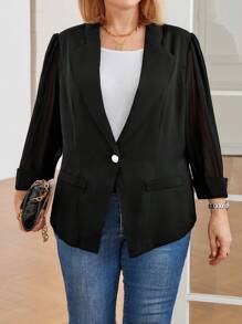 Plus Size Solid Color Front Button Long Sleeve Casual Top And Blazer Jacket Set - Black - View 3