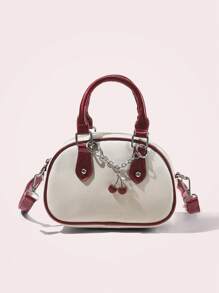 SHEIN MOD 女士纯色拼接链条装饰简约休闲手提包 - 米色 - 查看 1