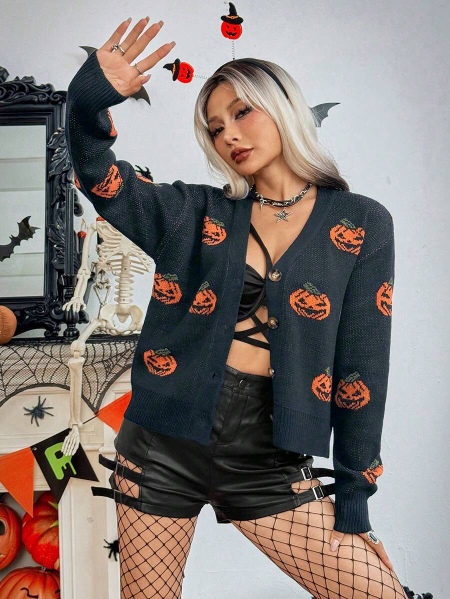 Chiquease Halloween Pumpkin Graphic V-Neck Drop Shoulder Knitted Cardigan Fall Cloth For Women