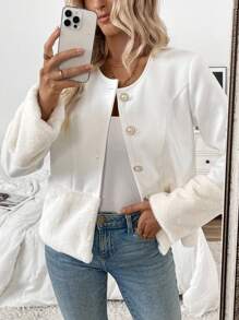 Chiquease Elegante Chaqueta blanca de mezcla de lana con cuello redondo, manga larga, diseño de parches de piel sintética de conejo, botones de perla y cálida para otoño/invierno