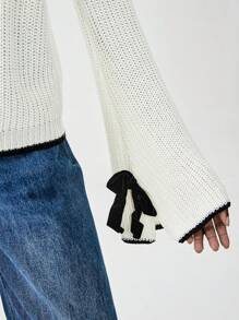 Chiquease Blusa casual de cuello redondo de manga larga con ribete de contraste, suéter de punto para otoño e invierno - Beis - Ver 6