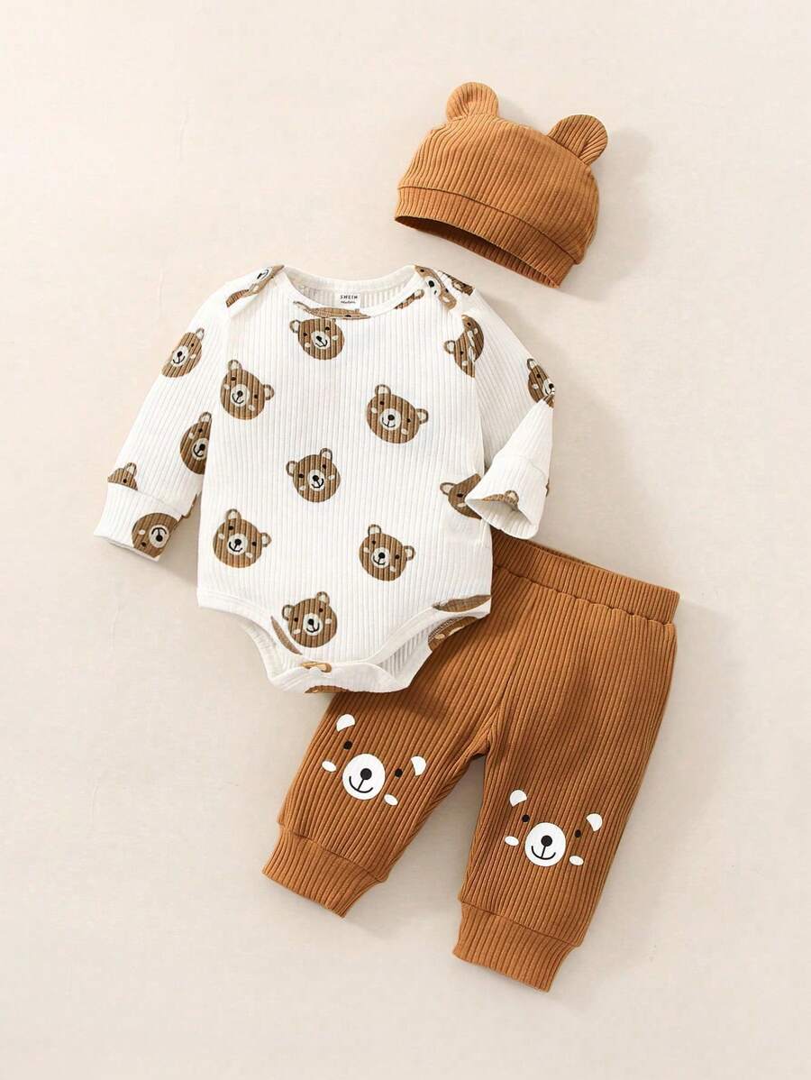 SHEIN 新生儿小熊印花长袖连体衣和裤子套装