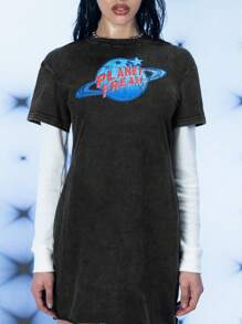 FREAK CITY Designer Women 2-In-1 Contrasted Sleeve Printed Washed Retro Street Black T-Shirt Dress, Holiday, Vacation, Spring, Festival, Ibiza Fits, Graphic Tees - Black - View 4