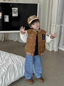 Young Boy Color Block Baseball-Collar Long Sleeve Casual Padded Coat, Front Row Seating - Multicolor - View 4