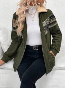 Chiquease Green Striped Fuzzy Lined Jacket For Women, Commute & Casual, Thick Sherpa Lining, Zipper, Lapel Collar, Autumn/Winter 2024