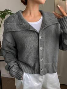 DAZY 女士宽松纯色翻领纽扣前开衫、长袖上衣、秋季女装 - 灰色 - 查看 5
