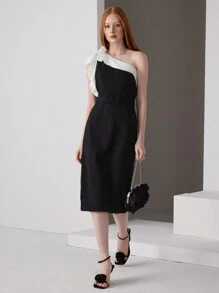 SHEIN Belle Two Tone One Shoulder Ruffle Trim Buckle Belted Cocktail Dress