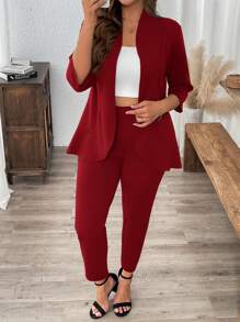 SHEIN LUNE Plus Size Solid Color High Low Blazer Jacket And Trousers Suit In Fall/Winter - Burgundy - View 5