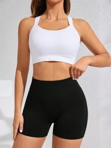 Easithlete 纯色弹性腰部简约无缝运动短裤女士运动短裤、健身短裤、骑行短裤 - 黑色 - 查看 5