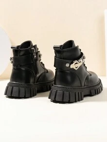 1 双儿童女孩水钻心形装饰靴子保暖学院风户外靴，休闲踝靴，四季皆宜 - 黑色 - 查看 5