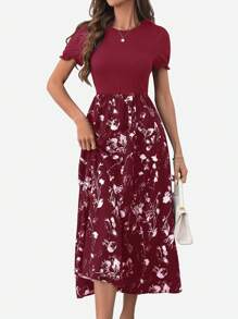 SHEIN Clasi 女式纯色拼布圆领短袖褶皱休闲连衣裙新年服装长款女装 - 紅色 - 查看 6