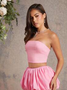 L'Amorae Women Y2k Pink Color Backless Fitted Criss-Cross Bandeau Top, Fall Clothes, Daily Wear, Streetwear, Country Concert Outfit, Festival Outfits