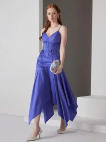 SHEIN Belle 女士不对称下摆细肩带交叉正式晚礼服 - 藍色 - 查看 8