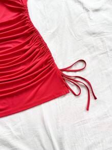 Soleia Sexy Spaghetti Strap Tie Front Twist Drawstring Mini Dress - Red - View 6