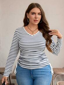 SHEIN LUNE Fall Clothes Casual Everyday Wear Plus Size Striped Basic Fitted T-Shirt Autumn Long Sleeve Striped T-Shirt Holiday Outfit