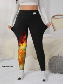 SHEIN EZwear Quần legging co giãn lót nhiệt dày dặn mùa đông cỡ lớn cho nữ có cạp rộng và chữ vá nhiệt - màu đen - Xem 8