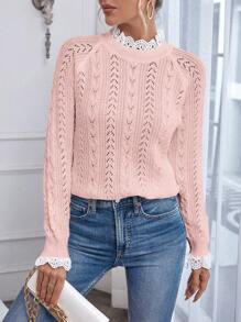 Chiquease 纯色拼布长袖镂空简约套头毛衣，休闲日常 - 淺粉色 - 查看 4