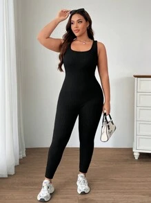 SHEIN EZwear Plus Size Women's Summer Solid Color Square Neck Jumpsuit - Black - View 6