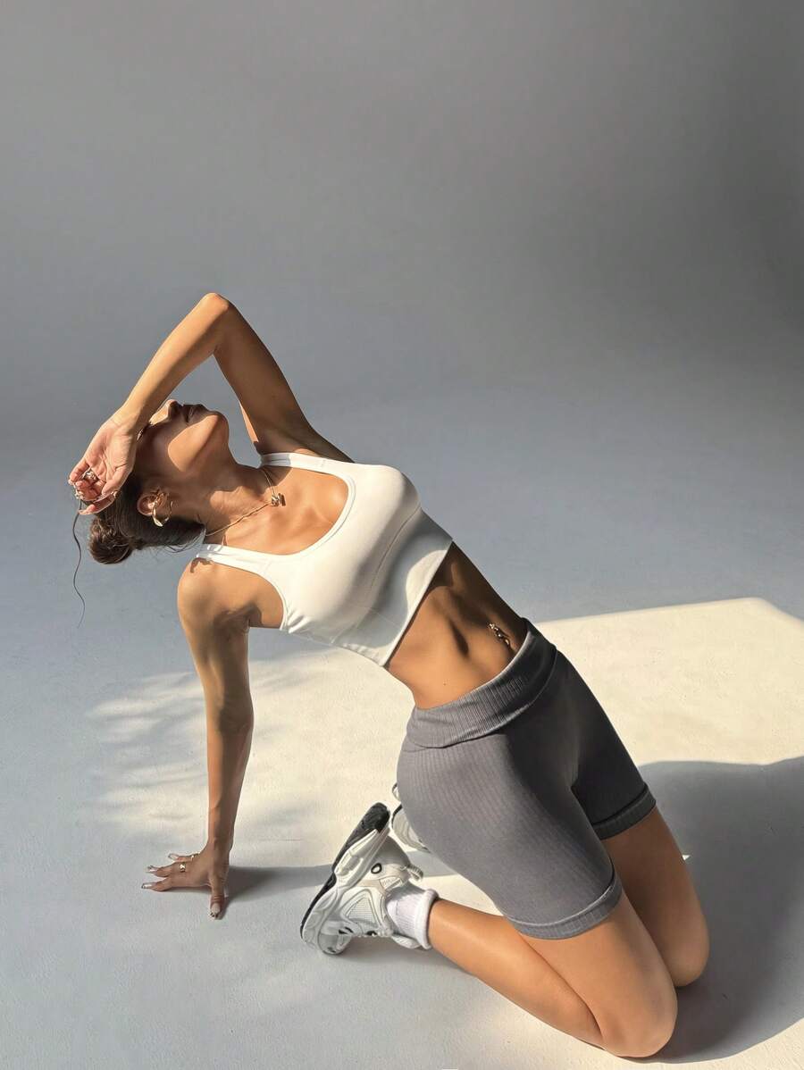 SHEIN Sports Women's Solid Color Everyday Fitness Sports Shorts - Dark Grey - View 1