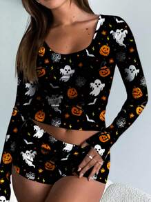 SHEIN SXY 2 件万圣节南瓜、蝙蝠和幽灵印花女式休闲长袖 T 恤和短裤套装，适合万圣节服装 - 彩色 - 查看 5