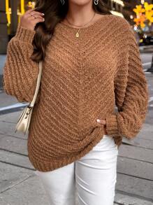SHEIN LUNE Plus Size Round Neck Loose One-Piece Sleeve Pullover Sweaterbusiness Casual Woman,Holiday Outfits,Country Tops - Brown - View 6