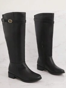 SHUZIA Black, Ridding Boot, Buckle, Inner Zipper, Comfortable Fit Holiday Vacay Vibe For Summer Shoes Spring Shoes Spring Break Easter For Christmas Valentine's Day - Black - View 2