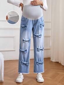 SHEIN Maternity Simple Patchwork Bowknot Decor Casual Denim Pants, Jeans - Light Wash - View 1