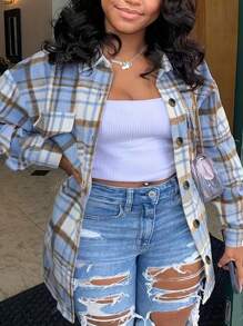 Plus Size Plaid Print Simple Daily Long Sleeve Jacket