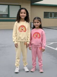 2 件套大姐姐和小妹妹配套羊毛运动服套装，适合女孩，卡通彩虹印花连帽衫和裤子冬季休闲装，杏色