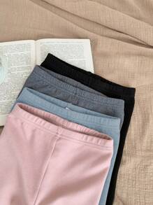 SHEIN LMoss Kids LMoss 4 双女婴弹力腰纯色针织打底裤套装，适合秋冬季 - 彩色 - 查看 3