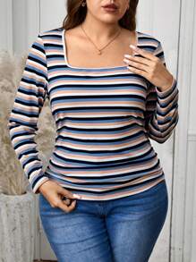 SHEIN LUNE Plus Size Spring Autumn Winter Square Neck Waist Ruched Striped Print Casual Sports Stretch Fitted T-Shirt Tops With Sleeves Travel Outfit Airport Thanksgiving Outfit Holiday Outfit