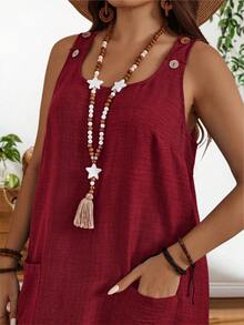 EMERY ROSE Đầm ngắn giản dị màu trơn dây đeo rộng cỡ lớn cho nữ mùa hè - Đỏ - Xem 3