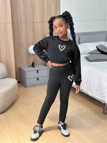 SHEIN Tween Girl 2 件套 Tween Girls 针织圆领运动衫和高弹力紧身裤套装 - 黑色 - 查看 2