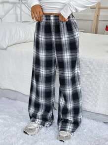 SHEIN Tween Girls' Woven Plaid Straight Leg Casual Sports Pants - Black and White - View 1