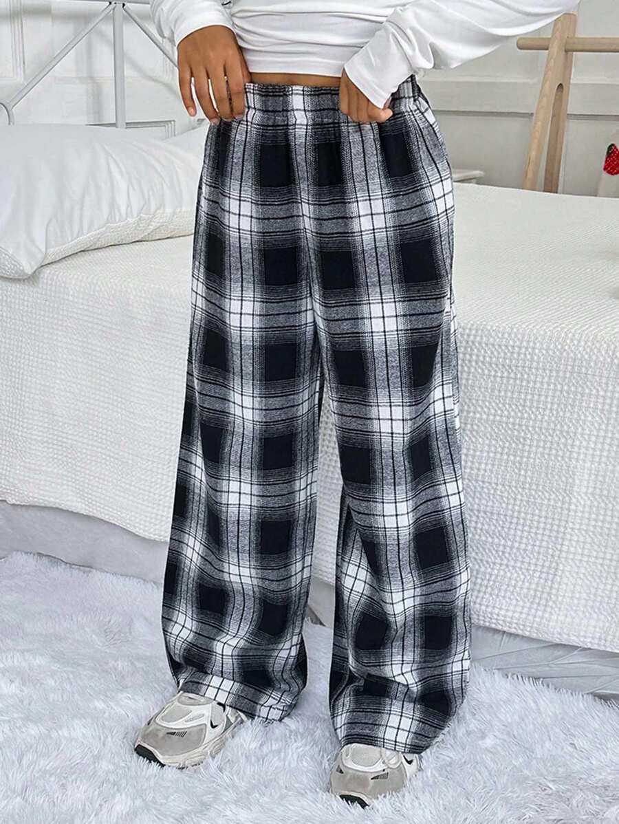 SHEIN Tween Girls' Woven Plaid Straight Leg Casual Sports Pants - Black and White - View 1