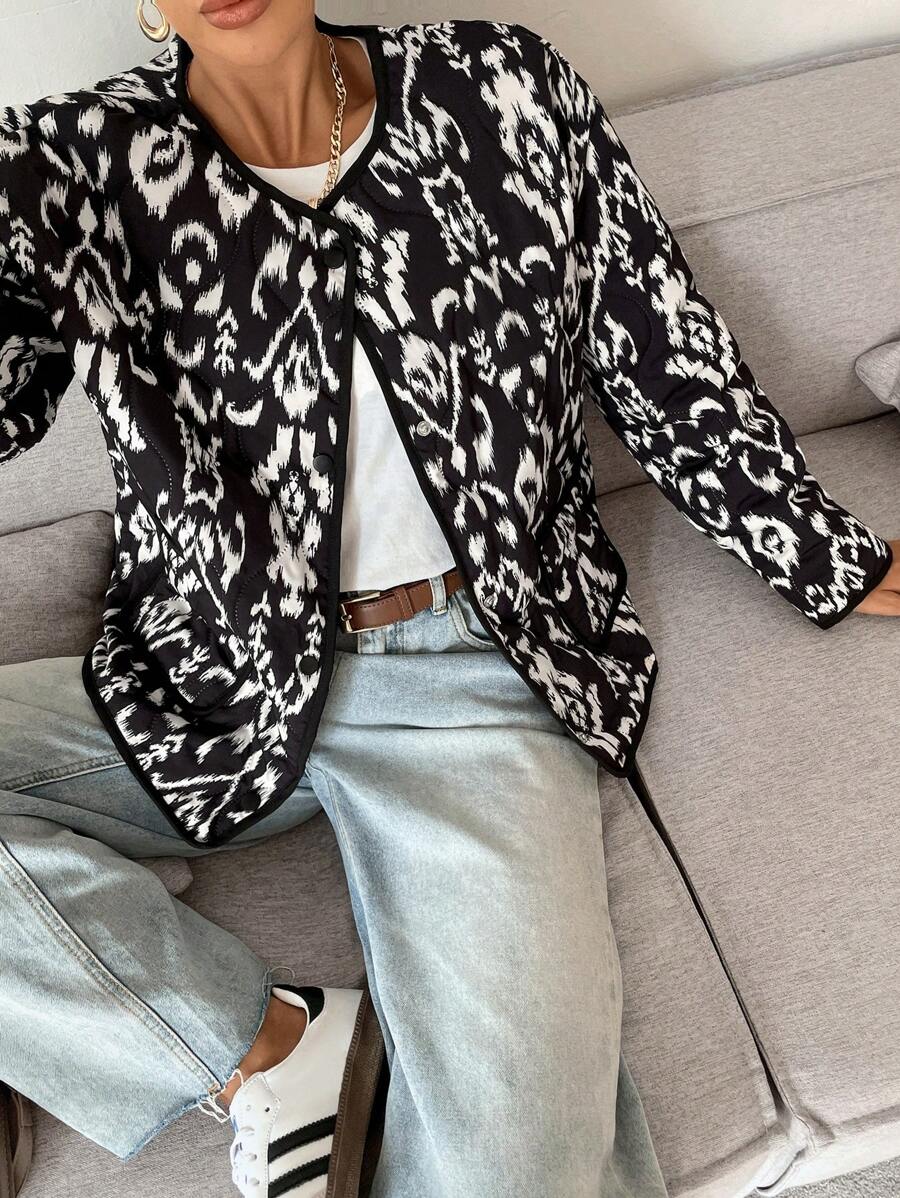 Siren Gaze Women's Button-Front Allover Print Long Sleeve Jacket, Winter Casual - Black and White - View 1