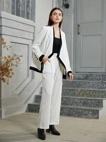 SHEIN Privé Bộ vest không cổ màu tương phản cho người đi làm văn phòng công sở thường ngày và quần âu - trắng - Xem 5