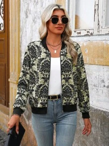 SHEIN LUNE Women's Casual All-Over Floral Print Zip-Up Baseball Jacket - Black - View 3