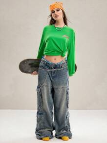 TEENAGE MUTANT NINJA TURTLES | SHEIN Women's Green Cool Casual Cartoon Turtle & Letter Print Loose Fit Drop Shoulder Long Sleeves T-Shirt Graphics Woman T Shirts Homecoming Fall Clothes