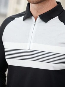 Manfinity Homme 男式拉链长袖拼色条纹设计商务休闲 Polo 衫 - 彩色 - 查看 4