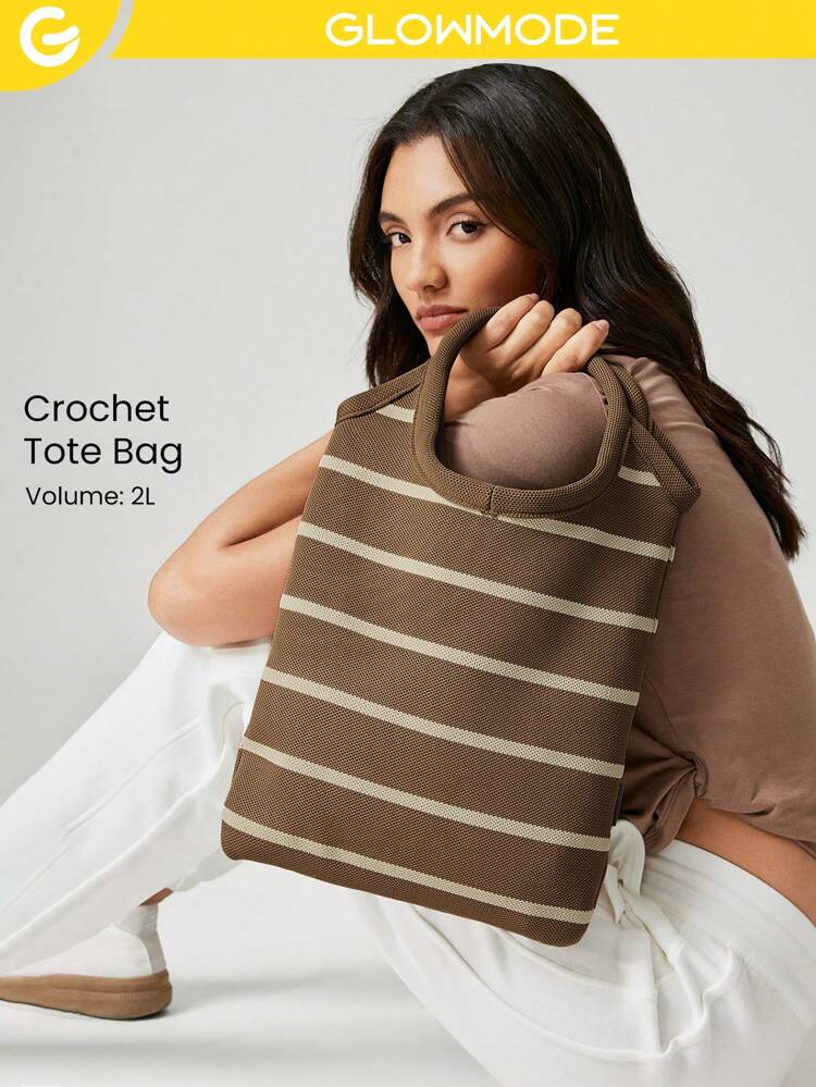 Sac cabas tricoté rayé au crochet