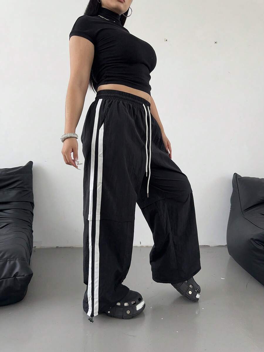 SHEIN POPSWAY Plus Size Casual Black Cargo Pants With Contrast White