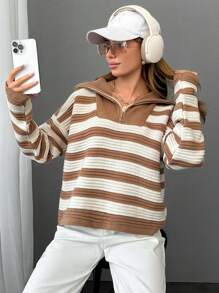 EURMUSE Woman Zipper Neck Special Knitting Striped Winter Thick Sweater - Camel - View 5