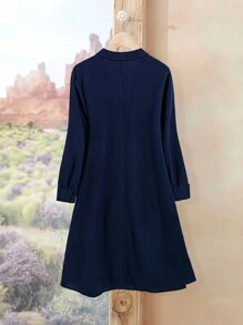 EMERY ROSE Plus Size Fall Clothes Curve Thanksgiving Women Outfit Solid Color Casual Shirtdress, Spring Autumn - Navy Blue - View 2