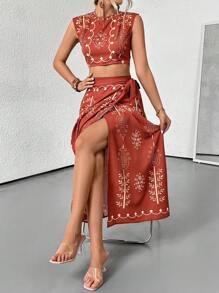 Breezaya 休闲复古印花系带露背短款上衣和裹身裙两件套 - 鏽棕色 - 查看 6