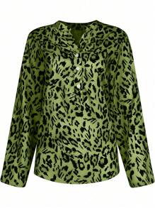 INAWLY Women's Spring & Autumn Loose Leopard Print Ruffle Sleeve Casual Shirt - Green - View 3
