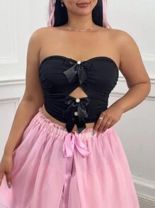 Lyrianda Plus Size Women Solid Color Bow Decor Hollow Out Ruched Slim Fit Bandeau Top, Summer