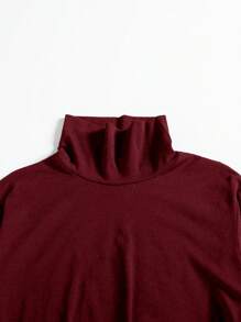 High Neck Long Sleeve Casual Loose Solid Color Dress - Burgundy - View 5