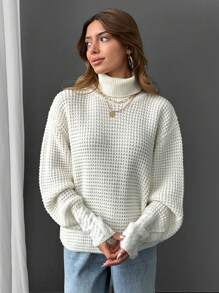 EURMUSE Casual Turtle Neck Balloon Sleeve Cable Knit Detail Plain Solid Sweater - White - View 4
