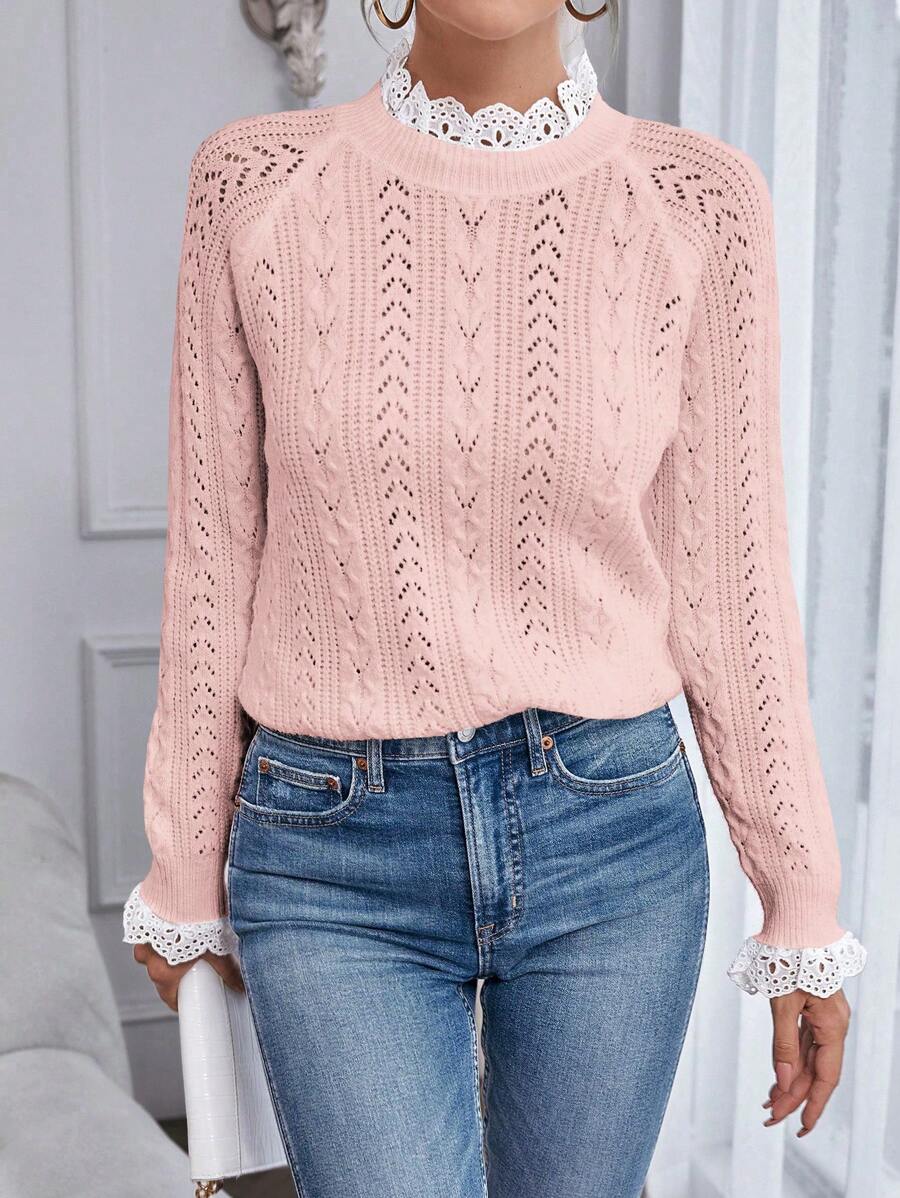 Chiquease 纯色拼布长袖镂空简约套头毛衣，休闲日常 - 淺粉色 - 查看 1